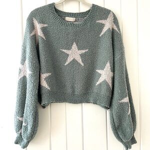 Altar’d State Teal/Cream Star Patterned Sweater, Sz L (P2P 26.5”)